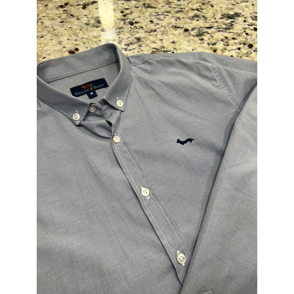 Harmont & Blaine Mens Micro Stripe Button Down Shirt Blue White Dachshund Logo M